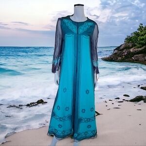 Vintage turquoise and dark blue silk dress with lining transparent long sleeve